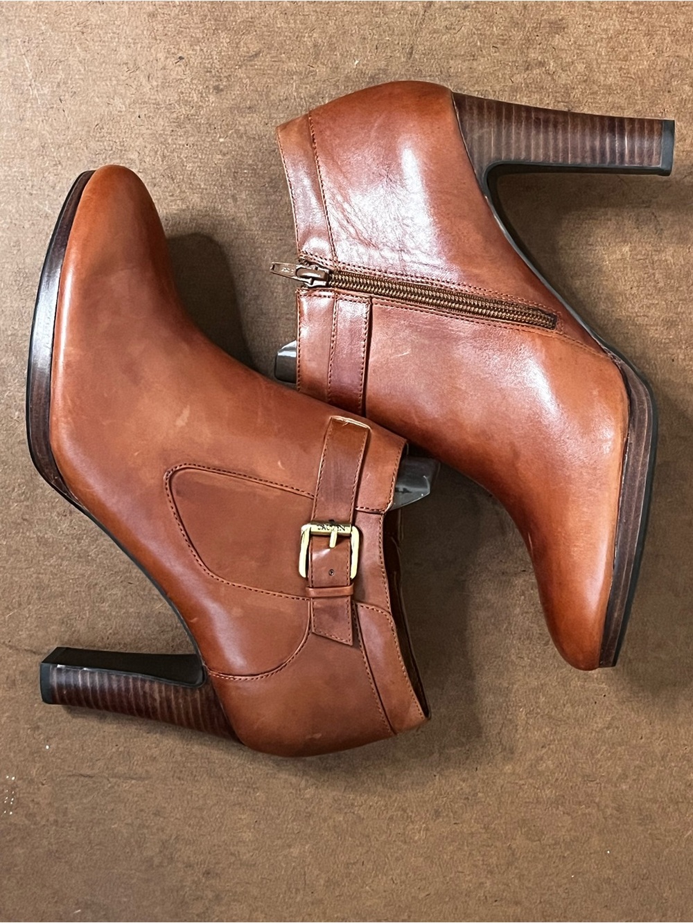 Ralph Lauren Cognac Leather Ankle Booties with Gold Buckle Women’s Size 11B NWOB